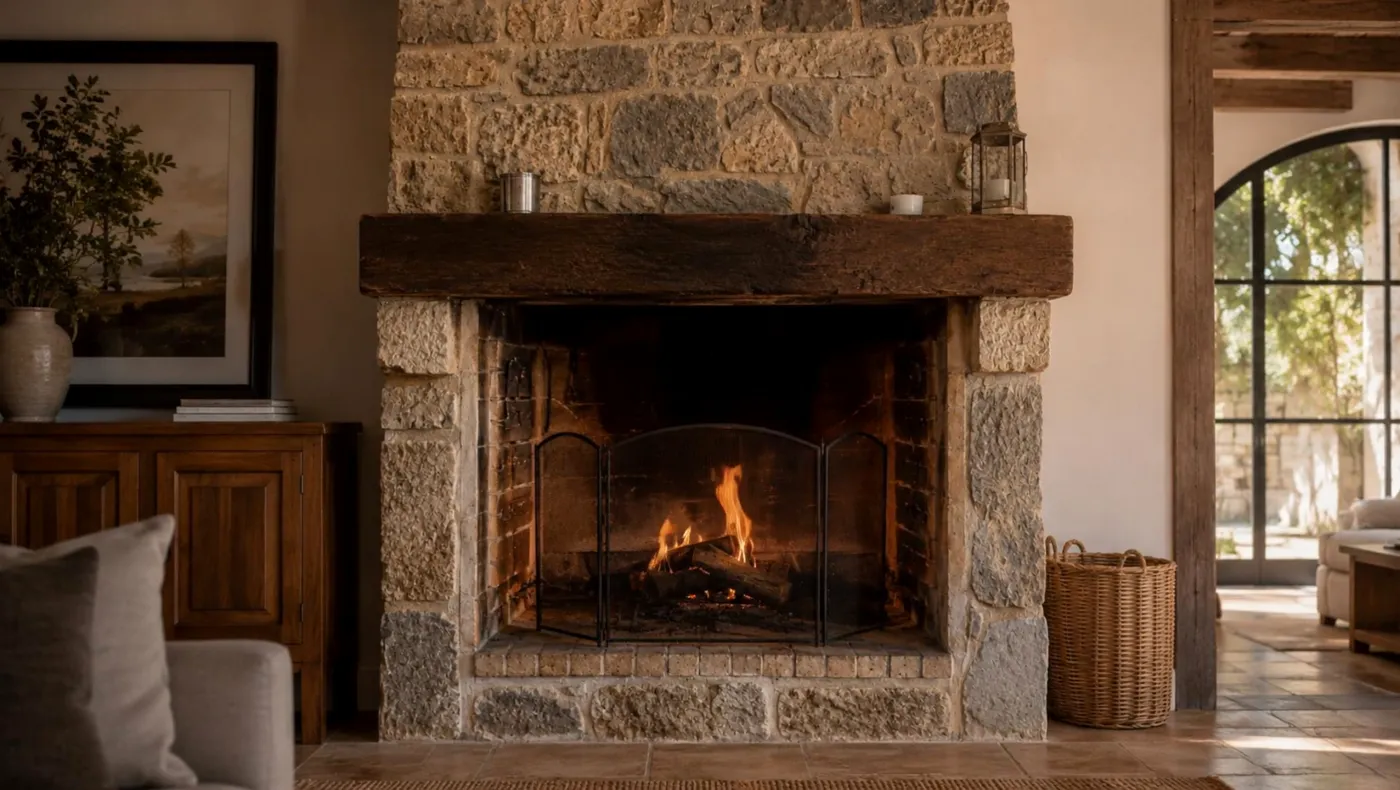 Cheminée en pierre avec un feu de bûches dans un séjour